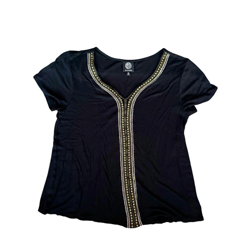 Bobeau Womens Top Small Pullover Short Sleeve Black Rayon Vneck Embroidered